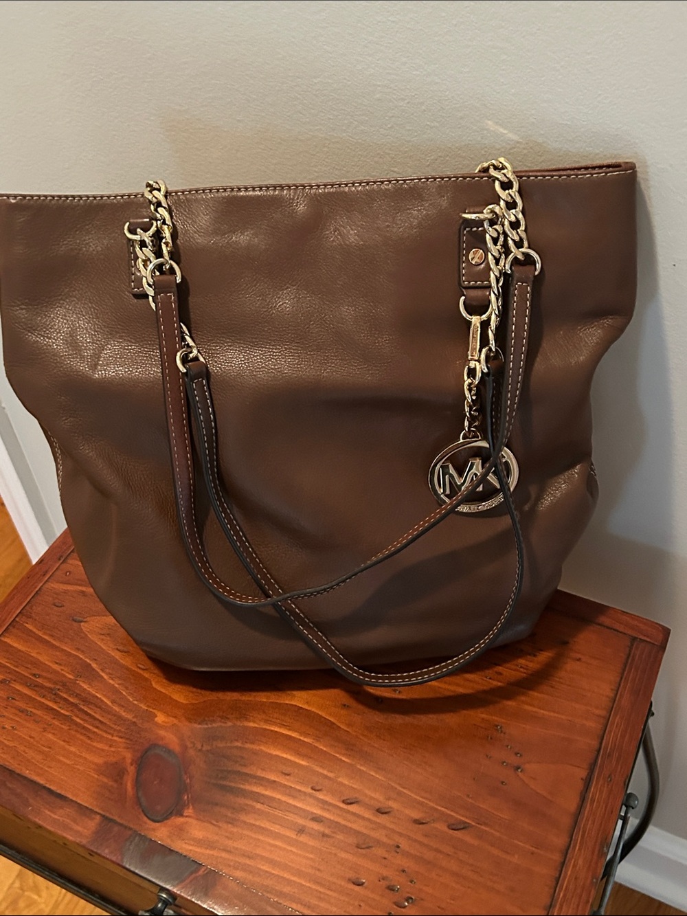 Michael Kors Brown Leather Tote with Gold Chain Accents